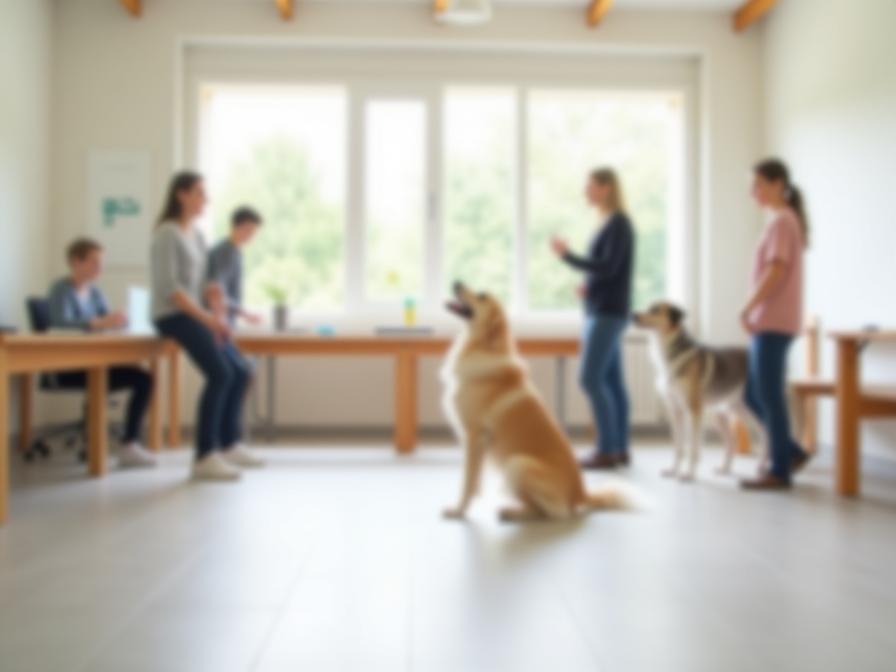 Salle de formation canine à Aix-en-Provence avec éducateurs et propriétaires en séance